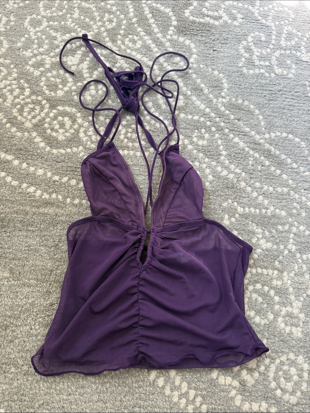 Adika Purple Sheer Halter Ruched Crop Top